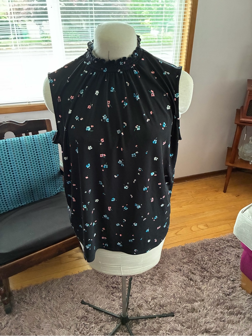 Elle Black Sleeveless Mock Neck Camisole with Pink & Blue Floral Print